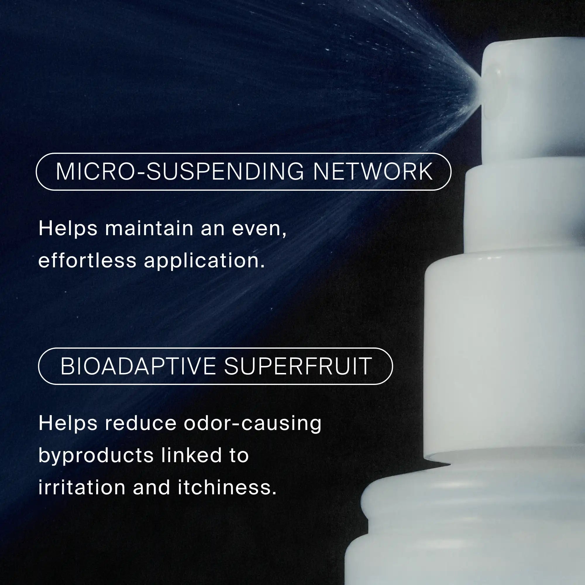 A close-up of the Perfect hair Day™ Sheer Clean Dry Shampoo Mist, a white spray bottle releasing a fine mist, is shown with text spotlighting its micellar-powered micro-suspending network and bioadaptive superfruit—delivering effortless oil absorption while reducing odor, irritation, and itchiness for optimal dry shampoo care.