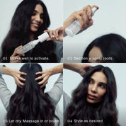 A woman demonstrates hair styling steps using Perfect hair Day™ Sheer Clean Dry Shampoo Mist: shaking the bottle, spraying it onto her roots, massaging her scalp to activate the oil-absorbing formula, and then revealing her freshly styled hair. Each step is labeled from 01 to 04 with brief instructions.