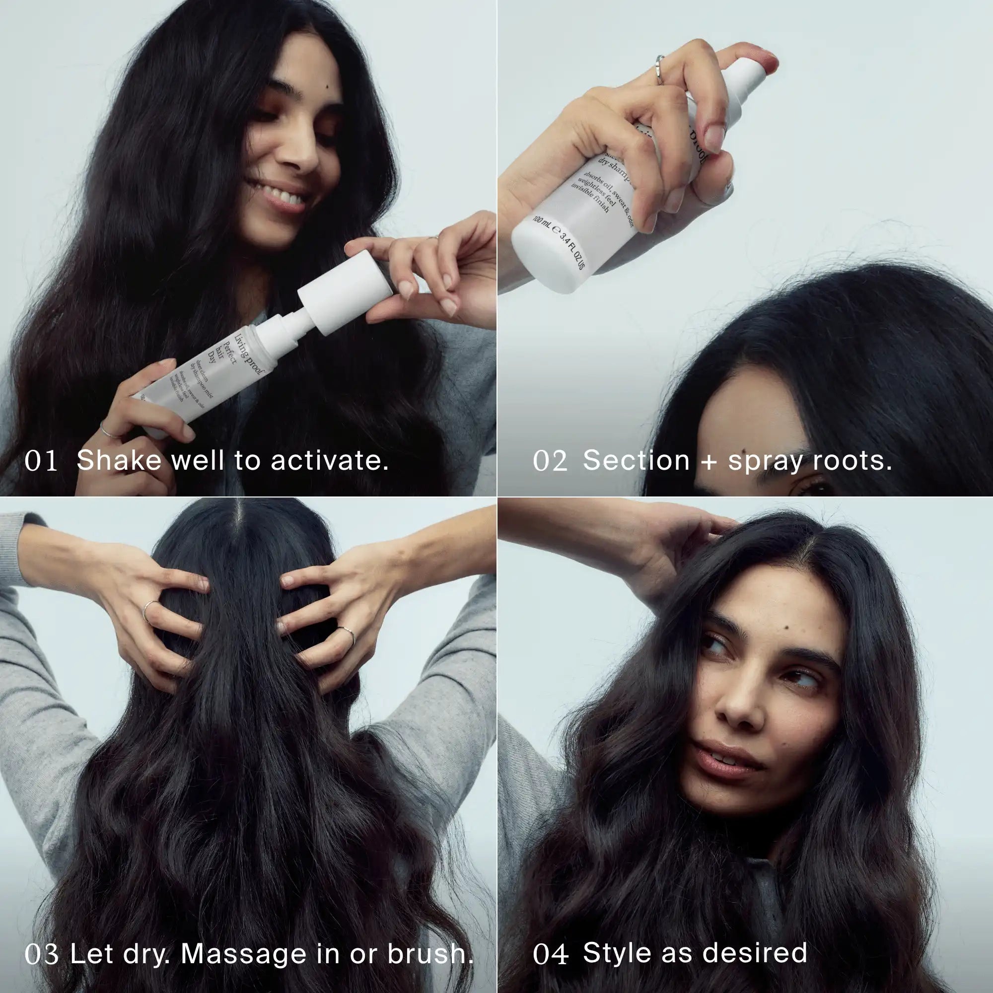 A woman demonstrates hair styling steps using Perfect hair Day™ Sheer Clean Dry Shampoo Mist: shaking the bottle, spraying it onto her roots, massaging her scalp to activate the oil-absorbing formula, and then revealing her freshly styled hair. Each step is labeled from 01 to 04 with brief instructions.