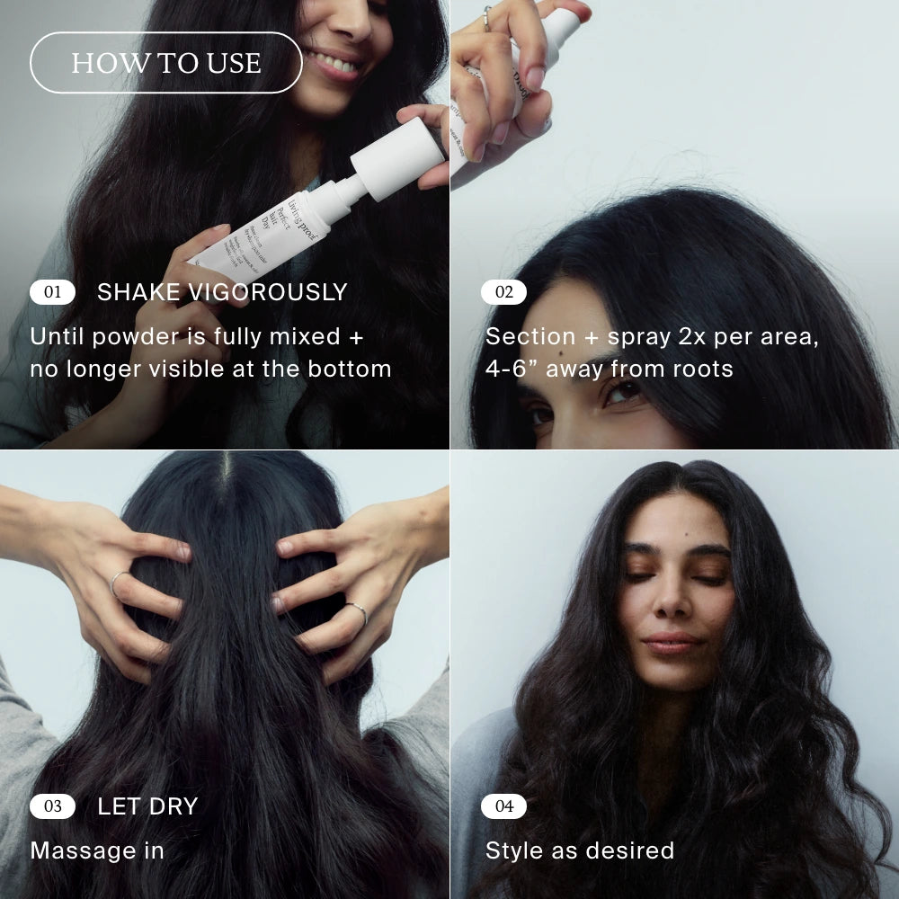 Here’s the rewritten sentence using your product data: Four-step hair care guide featuring Perfect hair Day™ Sheer Clean Dry Shampoo Mist: shake the non-aerosol bottle, spray onto sectioned hair near the roots, massage in with fingers, allow to dry, then style as desired. Each step is illustrated by a woman demonstrating the process.
