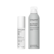 The Quick Style Duo features two Living Proof hair products—one small white bottle of Perfect hair Day Dry Shampoo Mist (100 ml), which cleanses hair without water, and a larger gray can of Full Dry Volume & Texture Spray (238 ml) for instant volume and texture—both standing upright on a white background.
