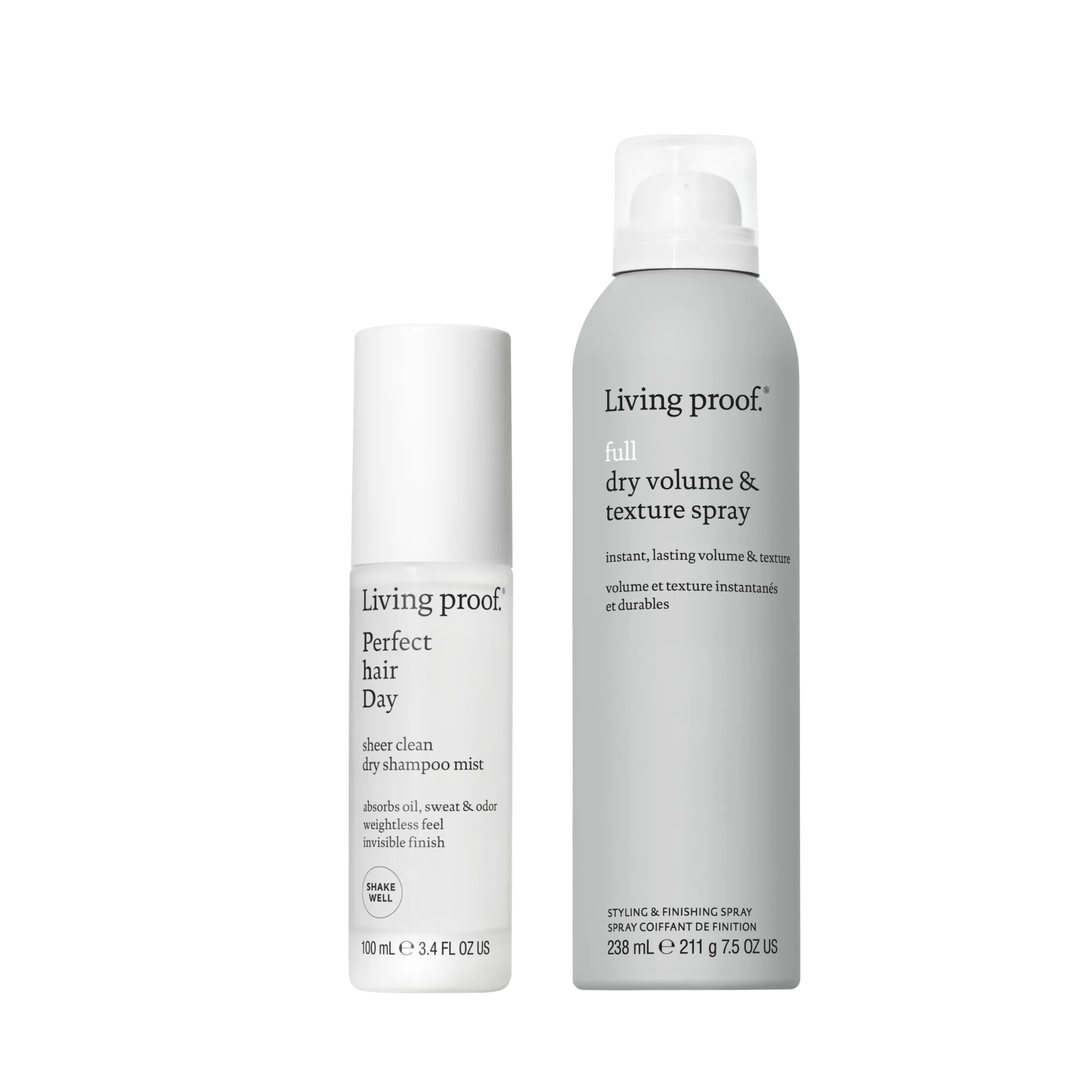 The Quick Style Duo features two Living Proof hair products—one small white bottle of Perfect hair Day Dry Shampoo Mist (100 ml), which cleanses hair without water, and a larger gray can of Full Dry Volume & Texture Spray (238 ml) for instant volume and texture—both standing upright on a white background.