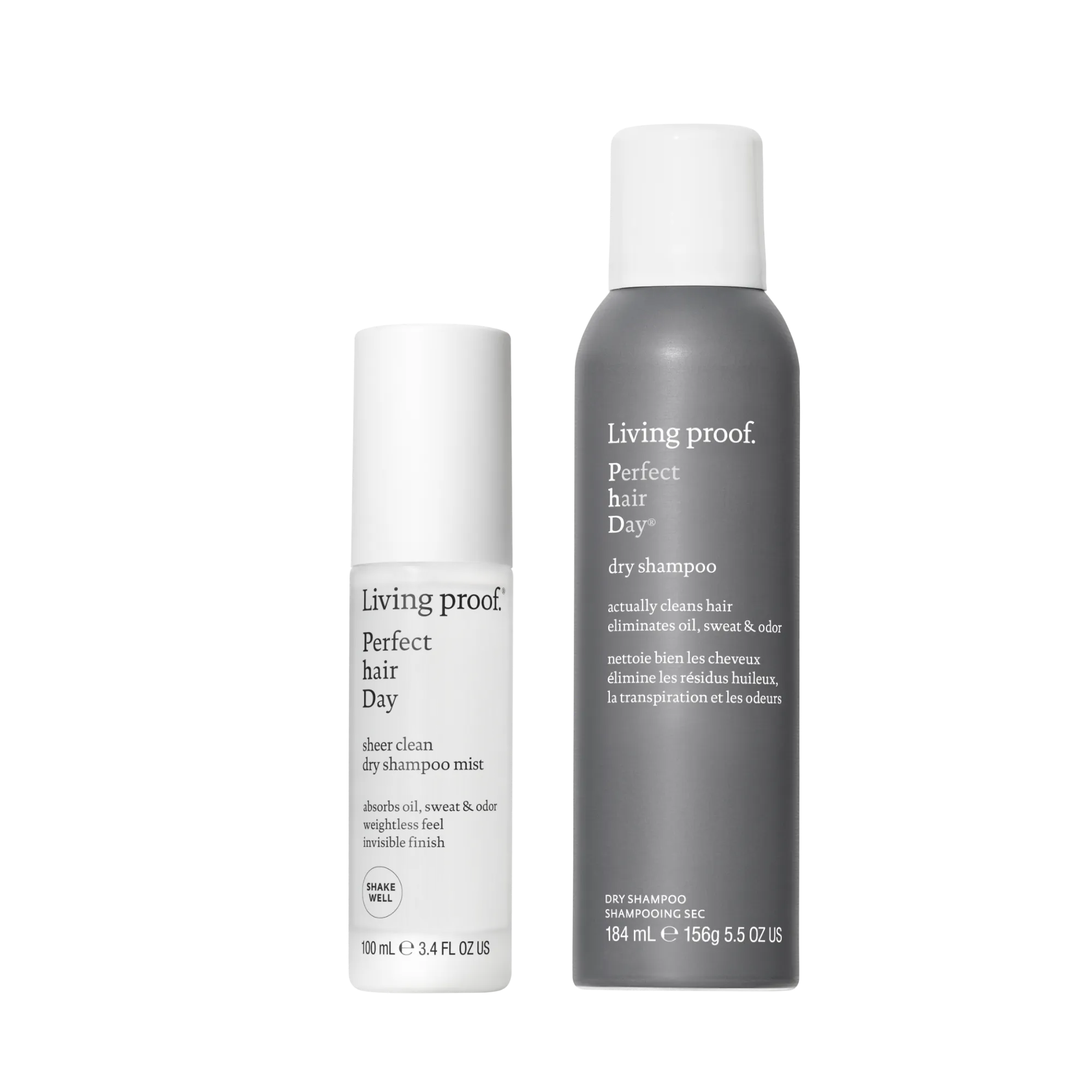 The Choose Your Clean Duo, featuring a white bottle of Perfect Hair Day Sheer Clean Dry Shampoo Mist (100 ml) with micellar-powered technology and a gray can of Perfect Hair Day Dry Shampoo (156 g), stands upright against a white background.