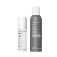 The Choose Your Clean Duo, featuring a white bottle of Perfect Hair Day Sheer Clean Dry Shampoo Mist (100 ml) with micellar-powered technology and a gray can of Perfect Hair Day Dry Shampoo (156 g), stands upright against a white background.