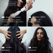 Four-step dry shampoo guide: Shake vigorously, then section and spray near roots with our Perfect hair Day™ Sheer Clean Dry Shampoo Mist (non-aerosol). Massage in for an invisible finish, then style as desired. Woman demonstrates each step with long, dark hair.