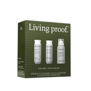 A green box labeled Full Volume + Texture Set displays its volumizing haircare kit, showing shampoo, conditioner, and dry volume spray bottles on the front, with text detailing each product and their travel sizes.