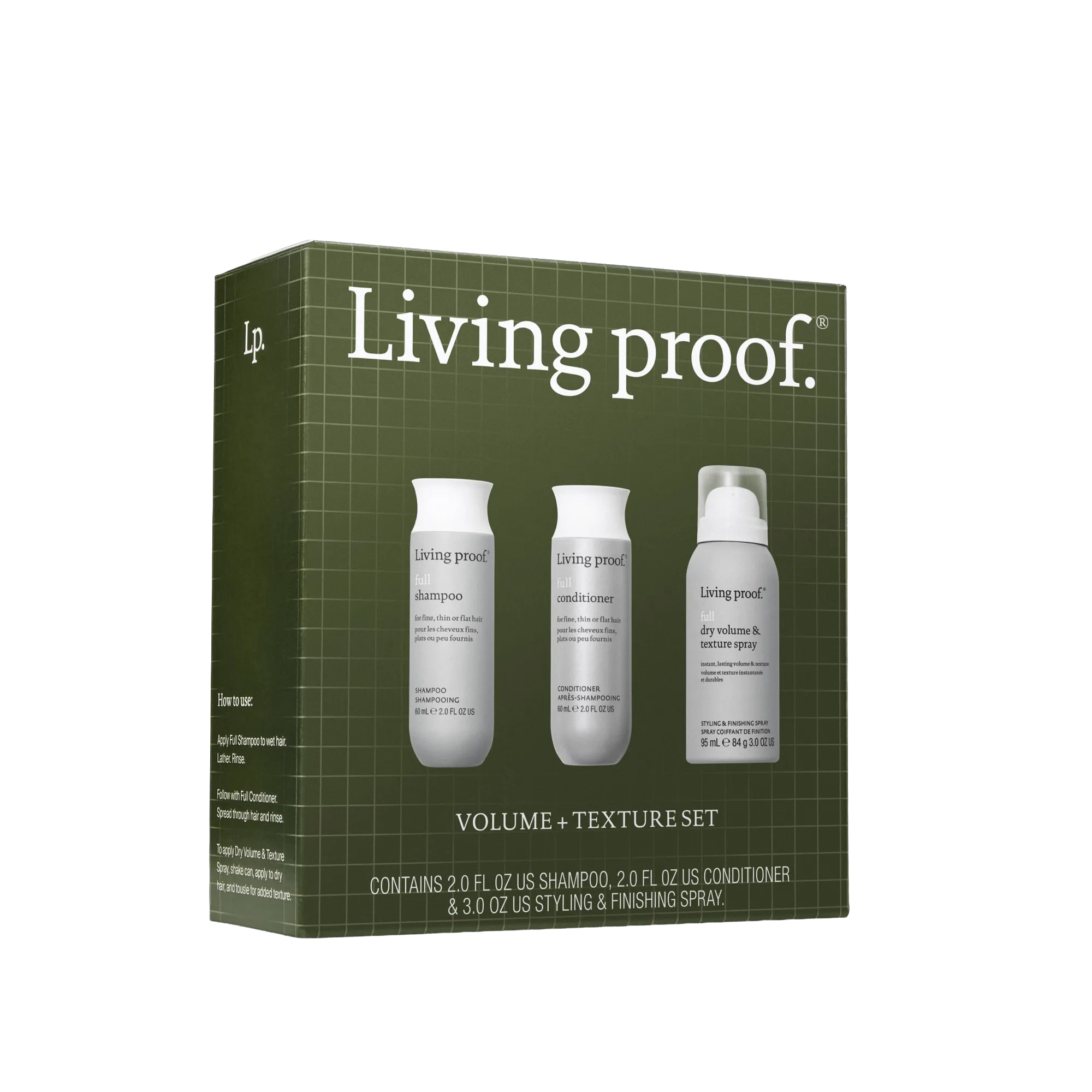 A green box labeled Full Volume + Texture Set displays its volumizing haircare kit, showing shampoo, conditioner, and dry volume spray bottles on the front, with text detailing each product and their travel sizes.