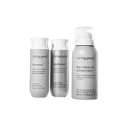 The Full Volume + Texture Set includes three silver Living Proof bottles—shampoo, conditioner, and dry volume spray—forming the ideal volumizing haircare kit, shown against a plain white background.