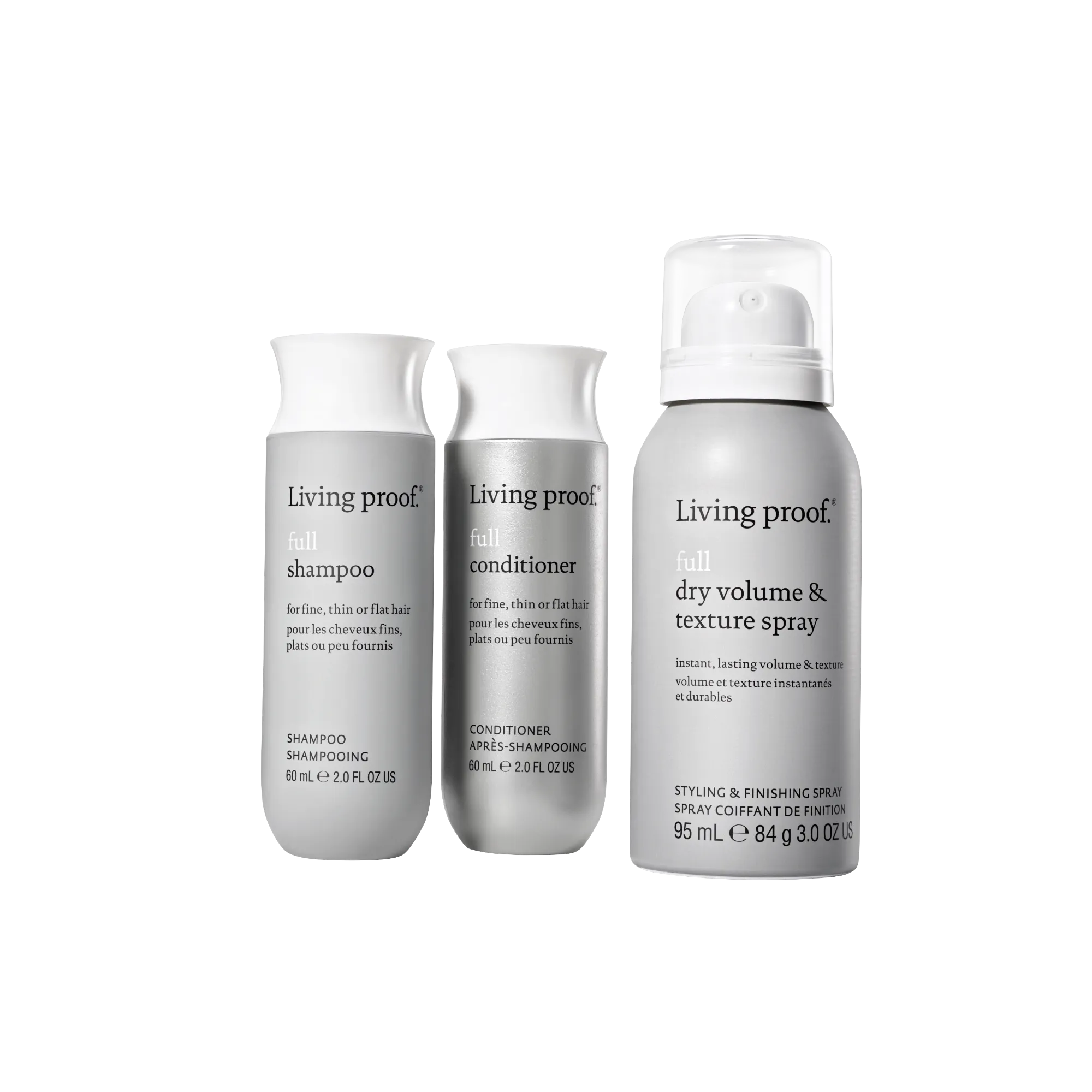 The Full Volume + Texture Set includes three silver Living Proof bottles—shampoo, conditioner, and dry volume spray—forming the ideal volumizing haircare kit, shown against a plain white background.