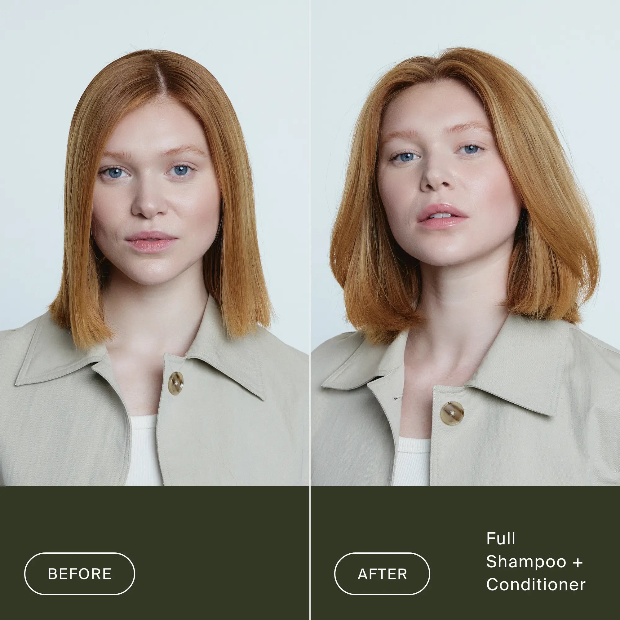 Side-by-side photos of a woman with straight, shoulder-length red hair. Before on the left; After Full Volume + Texture Set on the right, where her hair appears fuller and shinier.