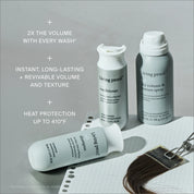 The Full Volume + Texture Set—three Living Proof travel-sized hair products—sits on a light surface near a notepad with brown hair swatches. Text highlights the benefits: volume, texture, and heat protection.