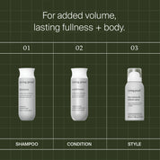 The Full Volume + Texture Set—travel-sized shampoo, conditioner, and dry volume spray—are arranged in a grid on green with labels. Text above says: “For added volume, lasting fullness + body.” The perfect volumizing haircare kit.