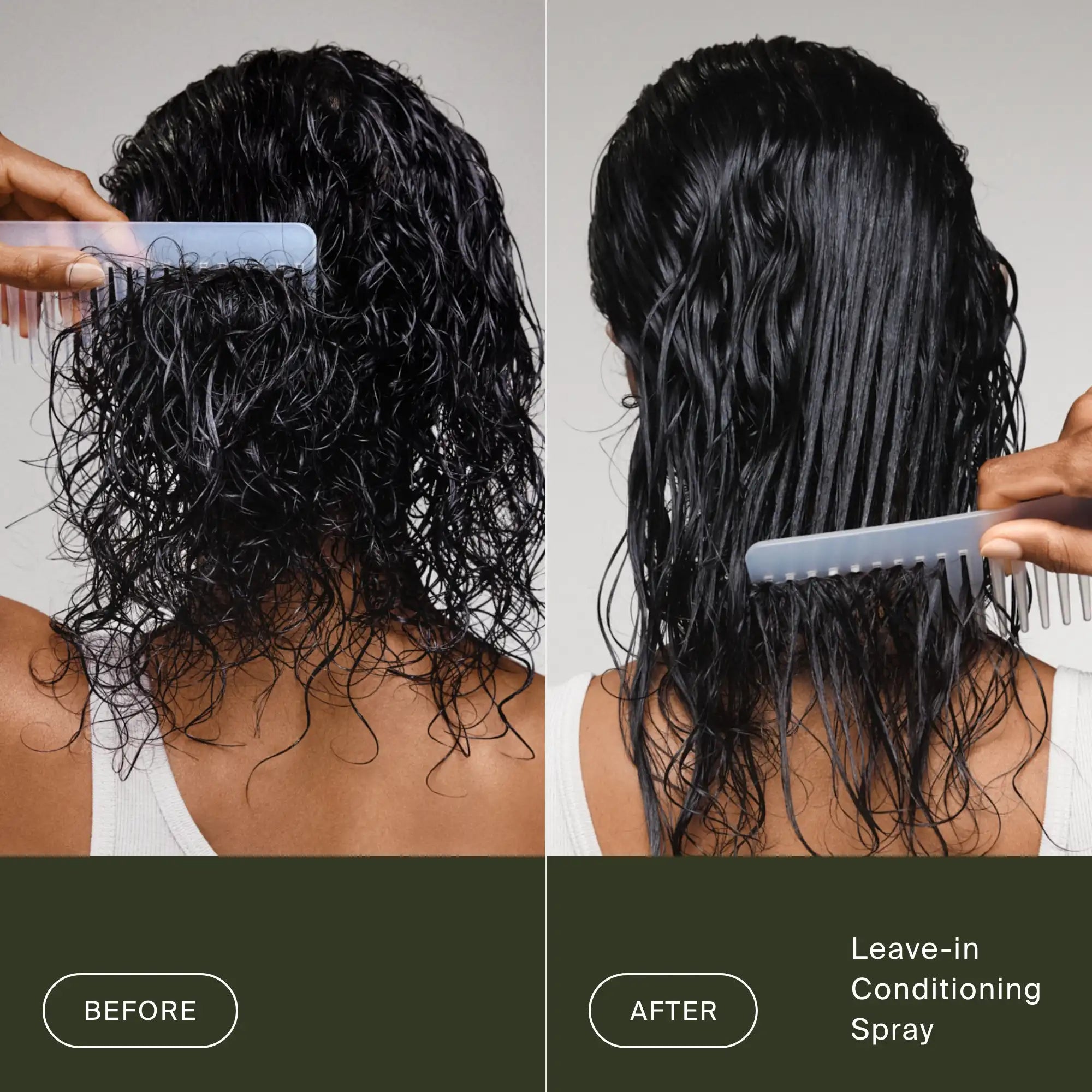 Split image: On the left (“BEFORE”), a person struggles to comb wet, tangled hair. On the right (“AFTER Leave-In Conditioning Spray”), hair is smooth and easy to comb after using Leave-In Conditioning Spray.