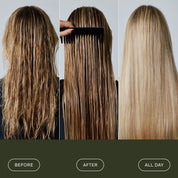 Three side-by-side images show a woman’s hair: messy and wavy (before), wet and combed straight (after using Leave-In Conditioning Spray), and smooth, shiny, and straight all day. Buttons below are labeled BEFORE, AFTER, and ALL DAY.