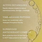 Bubbles on a gradient beige background highlight Leave-In Conditioning Spray's lasting detangling, all-day conditioning, and Superfood Antioxidant Complex for superior hair protection and health.