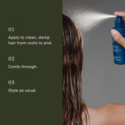 A person sprays Leave-In Conditioning Spray onto damp hair for lasting detangling. Text instructions say: 1. Apply to clean, damp hair from roots to end. 2. Comb through. 3. Style as usual. Background is split dark green and light gray.