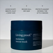 A blue jar of Moisture Rescue Mask + Claw Clip Bundle sits against a light background. Text above highlights: locks in soft, smooth hair, revives dull strands, and protects your moisture barrier for up to 3 washes.