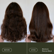 Side-by-side comparison of long brown hair before and after using the Moisture Rescue Mask + Claw Clip Bundle; frizzy, dry hair transforms into smooth, shiny, healthy hair with a restored moisture barrier.