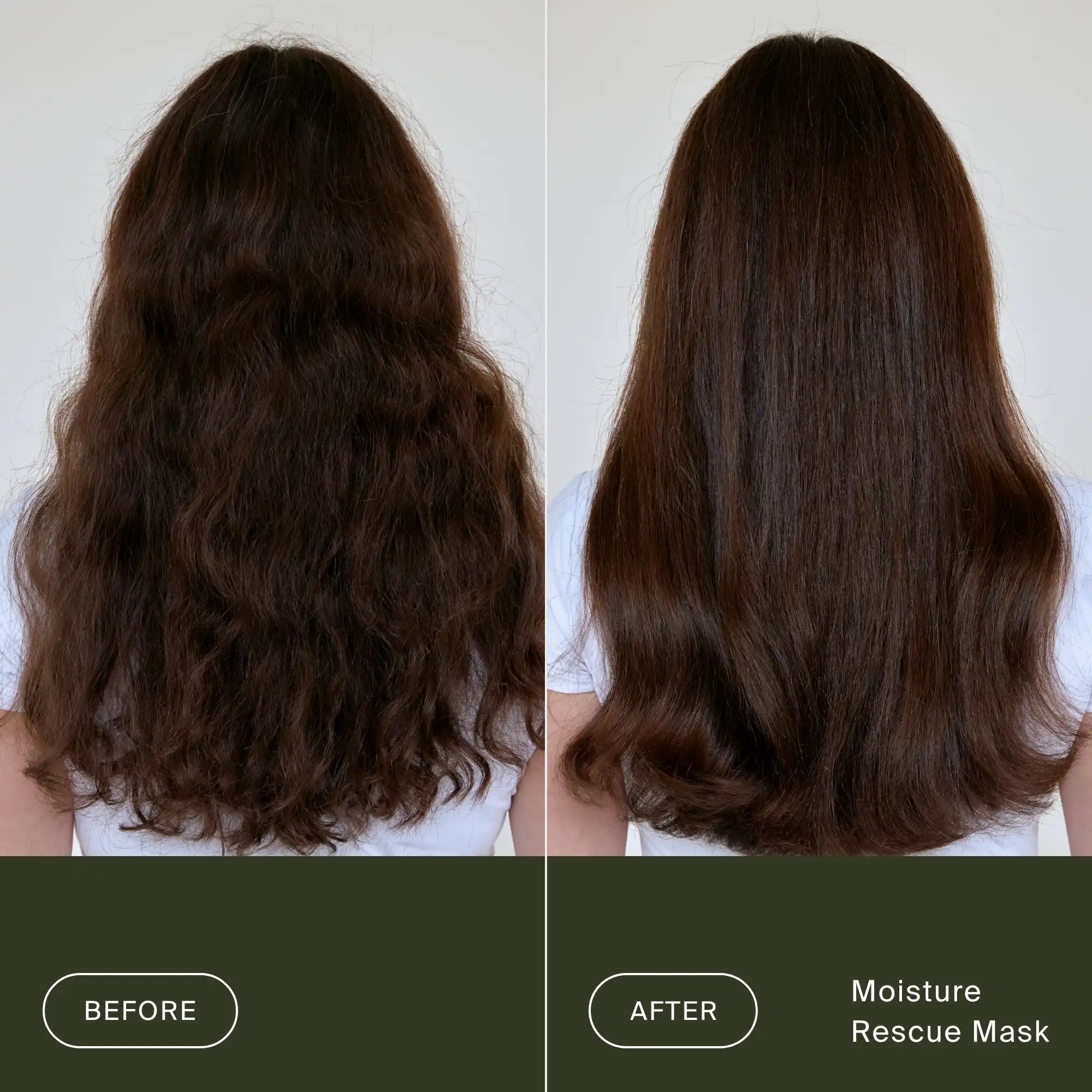 Side-by-side comparison of long brown hair before and after using the Moisture Rescue Mask + Claw Clip Bundle; frizzy, dry hair transforms into smooth, shiny, healthy hair with a restored moisture barrier.