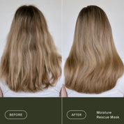 Side-by-side comparison of long, blonde hair before and after using the Moisture Rescue Mask + Claw Clip Bundle. Before: dry and frizzy. After: smoother, shinier hair with a stronger moisture barrier.