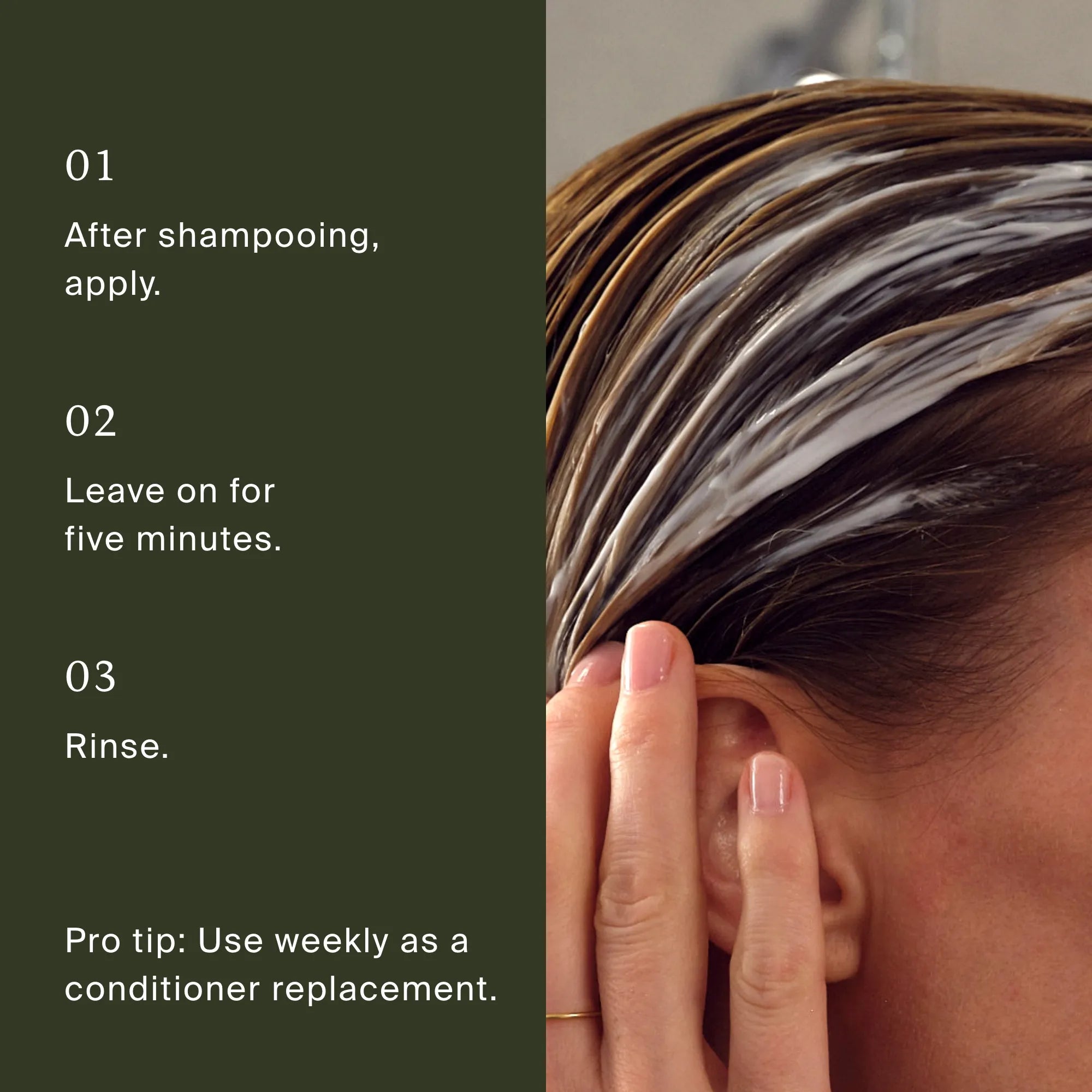 A person applies Moisture Rescue Mask to wet hair. Instructions: 1. After shampooing, apply mask. 2. Leave for 5 minutes. 3. Rinse thoroughly. Pro tip: Use weekly to boost moisture and achieve silky-soft hair.