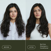 Side-by-side images of a woman with long dark hair. Left: her frizzy, unstyled hair labeled Before. Right: her smooth, shiny hair with visible frizz control labeled After No Frizz Conditioner.