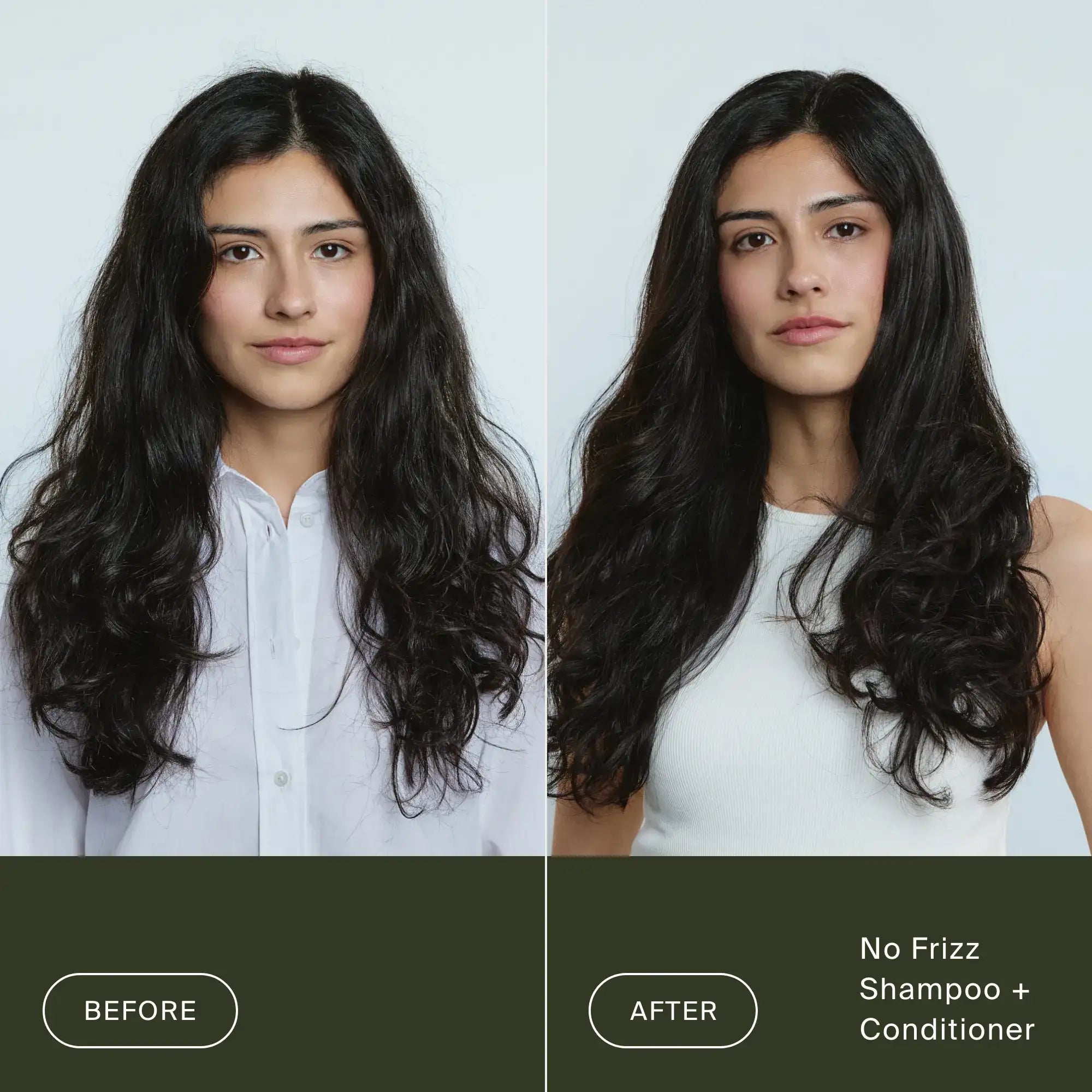 Side-by-side images of a woman with long dark hair. Left: her frizzy, unstyled hair labeled Before. Right: her smooth, shiny hair with visible frizz control labeled After No Frizz Conditioner.