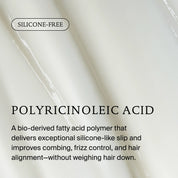 A smooth, creamy white background with text overlay describes No Frizz Conditioner: a silicone-free, bio-derived fatty acid polymer solution for hair that controls frizz and smooths without weighing it down.
