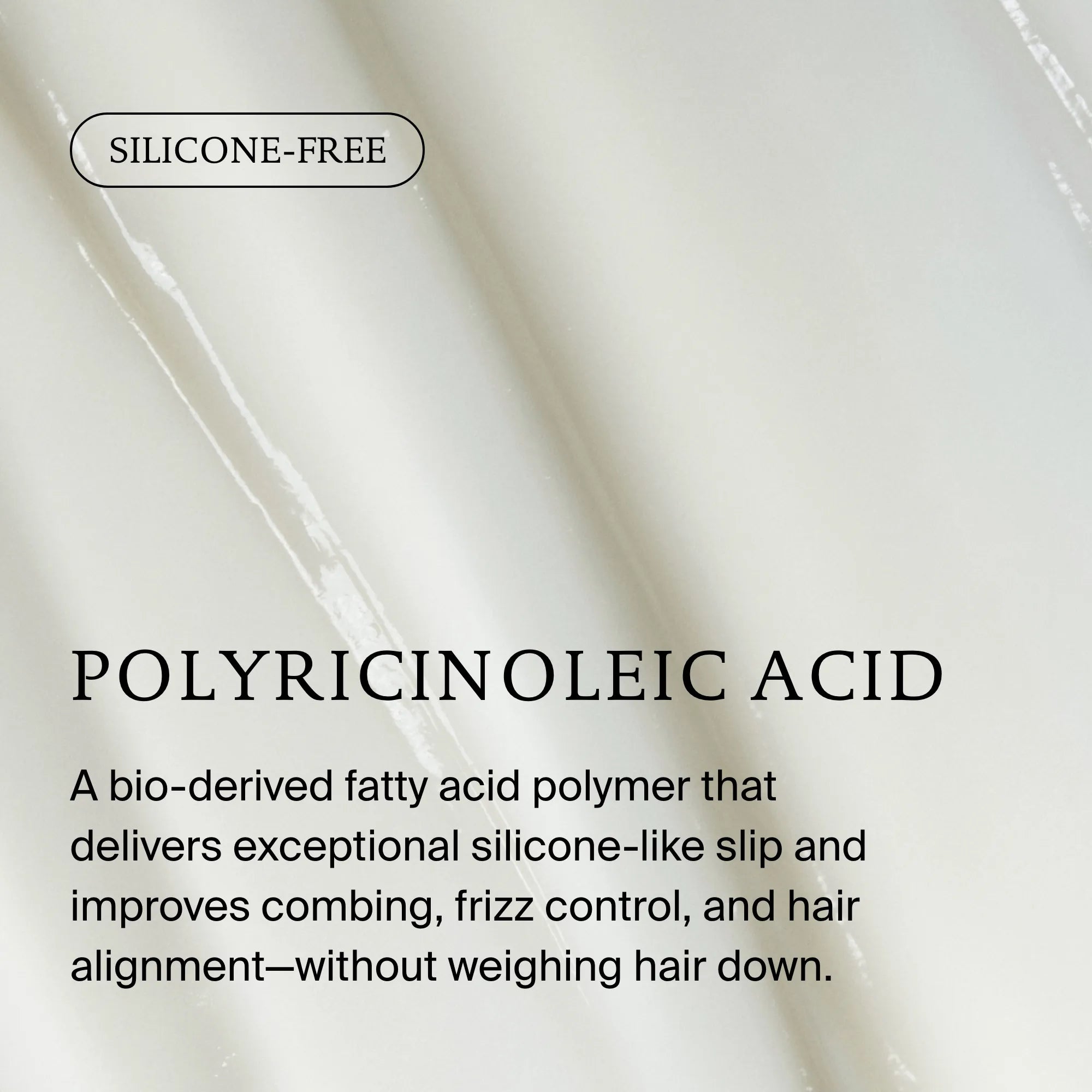 A smooth, creamy white background with text overlay describes No Frizz Conditioner: a silicone-free, bio-derived fatty acid polymer solution for hair that controls frizz and smooths without weighing it down.