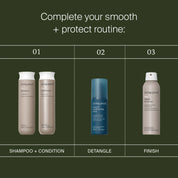 Living Proof No Frizz Conditioner, powered by Sili-CLONE HairTech, appears on a dark green background—used as step 1 for frizz control and smooth hair.