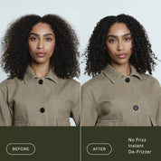 Side-by-side comparison: left image shows frizzier curls labeled “Before”; right image shows smoother, shinier, defined curls labeled “After No Frizz Instant De-Frizzer.”.
