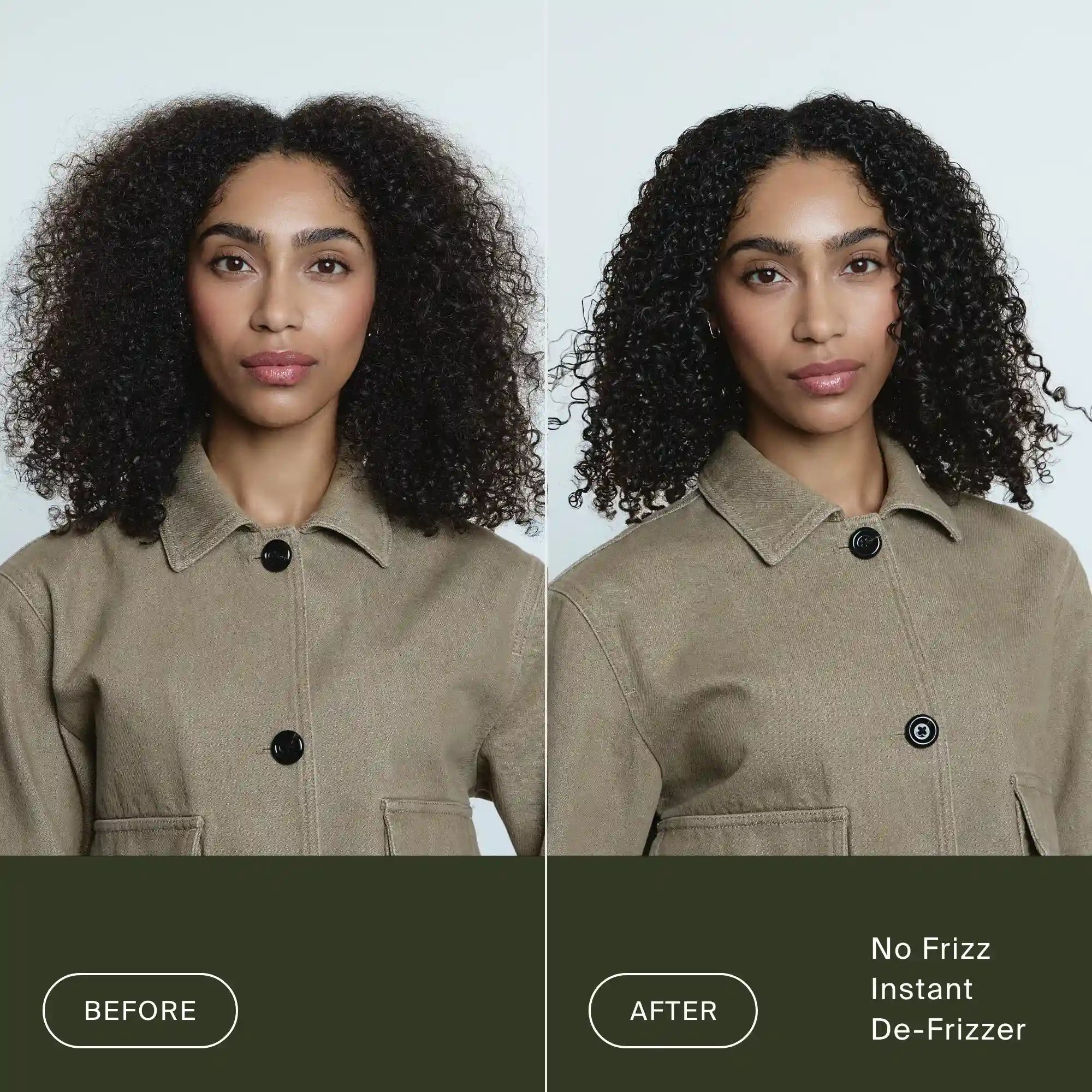 Side-by-side comparison: left image shows frizzier curls labeled “Before”; right image shows smoother, shinier, defined curls labeled “After No Frizz Instant De-Frizzer.”.
