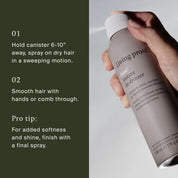 A hand holds a can of No Frizz Instant De-Frizzer dry conditioning spray. Instructions: spray 6–10 inches from dry hair, smooth with hands or comb, then finish with a final spray for frizz control and added shine.