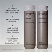 Two brown bottles of Living Proof No Frizz Shampoo and Conditioner stand upright with water droplets. Text highlights Sili-CLONE HairTech for smooth hair, humidity protection, frizz control, and lasting shine.