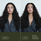 Side-by-side photo of a woman with long dark hair. Left: her frizzy hair, labeled Before. Right: smoother, wavy locks with improved frizz control, labeled After using No Frizz Shampoo.