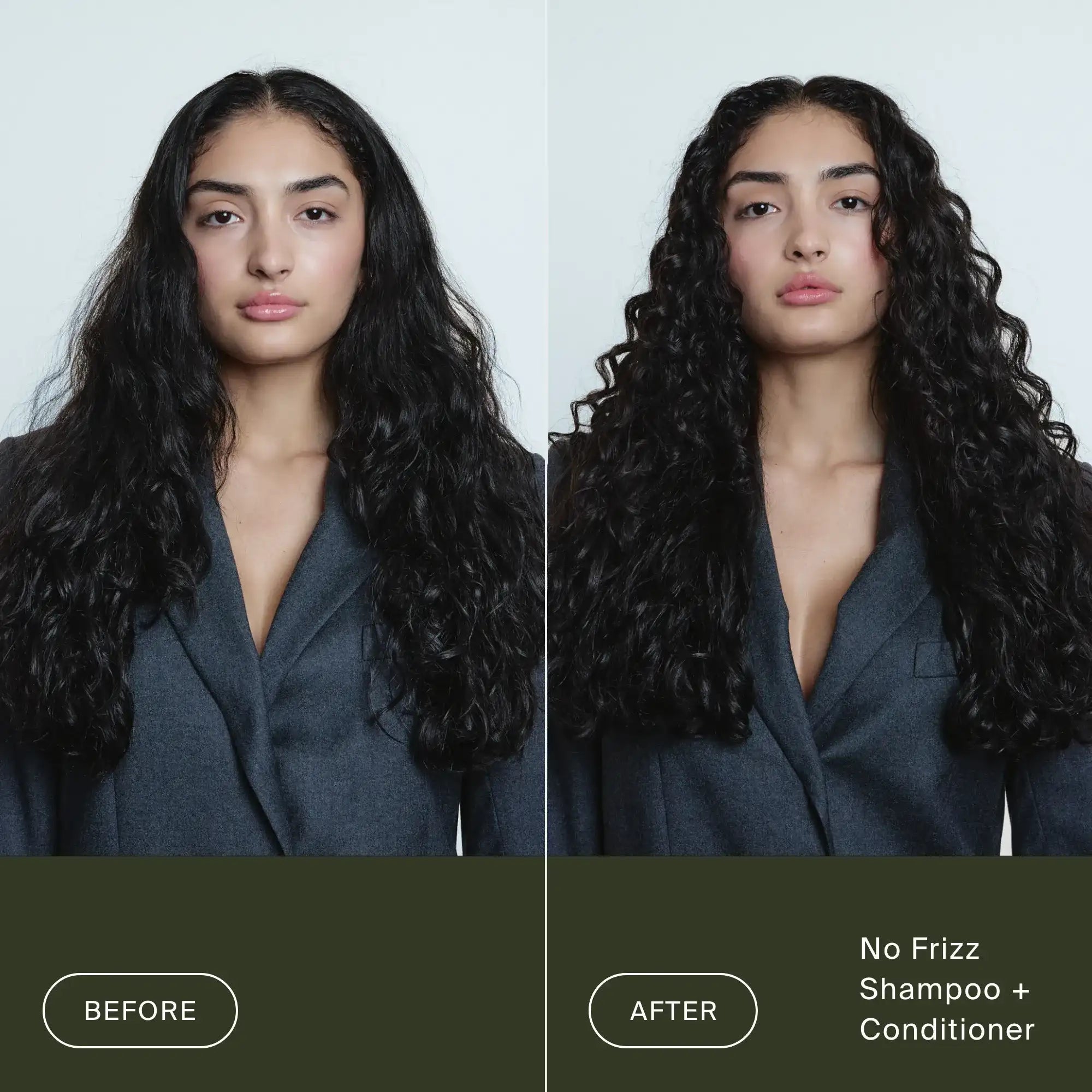 Side-by-side photo of a woman with long dark hair. Left: her frizzy hair, labeled Before. Right: smoother, wavy locks with improved frizz control, labeled After using No Frizz Shampoo.