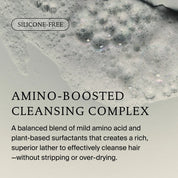 A close-up of foamy lather on a light surface with text: SILICONE-FREE. AMINO-BOOSTED CLEANSING COMPLEX. No Frizz Shampoo blends amino acids and plant-based surfactants for rich lather, smoothness, and frizz control—without over-drying.