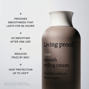 A bottle of No Frizz Smooth Styling Cream is shown, with text highlighting 96 hours of smoothness, 6x smoother hair after one use, 88% less frizz, and heat protection up to 450°F—ideal for medium hair.