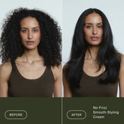 A woman with medium hair is shown in two side-by-side photos: on the left, her hair is curly and voluminous (Before); on the right, it's straight and smooth (After using No Frizz Smooth Styling Cream).