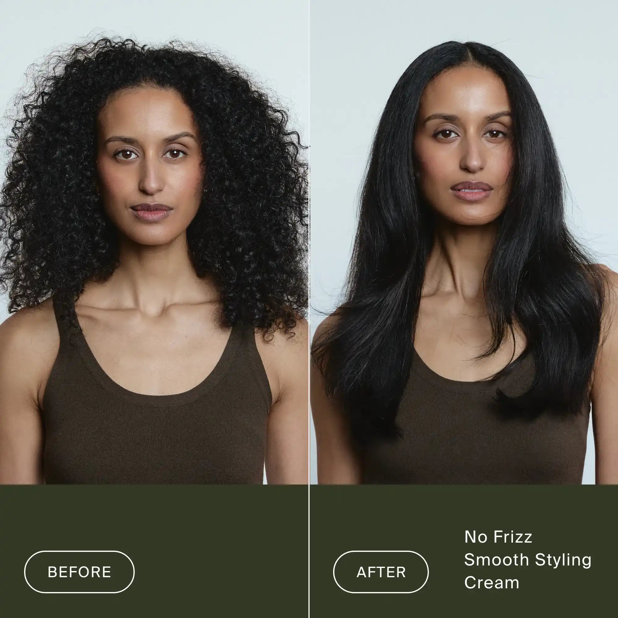 A woman with medium hair is shown in two side-by-side photos: on the left, her hair is curly and voluminous (Before); on the right, it's straight and smooth (After using No Frizz Smooth Styling Cream).