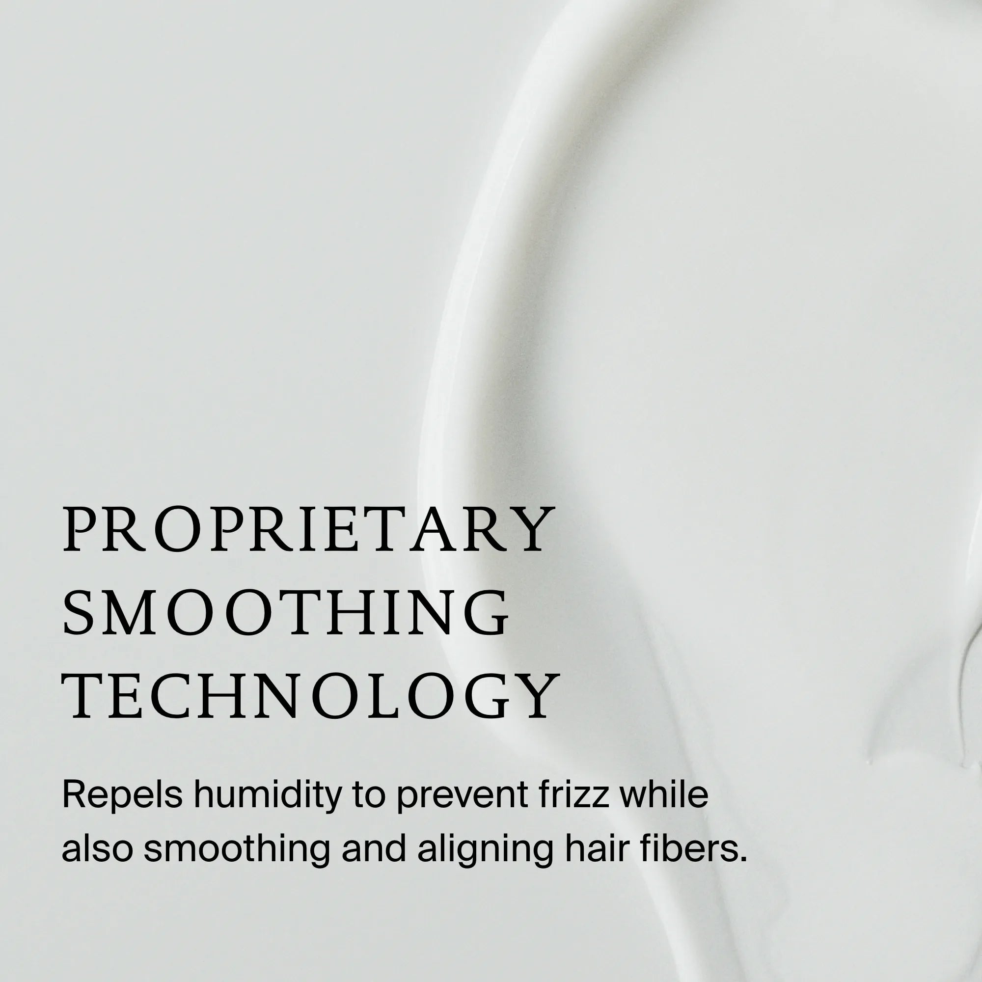 No Frizz Smooth Styling Cream shown on a sleek, light background with text: Proprietary Smoothing Technology. Repels humidity, smooths, and aligns medium hair to deliver lasting frizz control.
