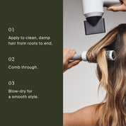 Using No Frizz Smooth Styling Cream, apply to clean, damp medium hair from roots to ends, comb through, then blow-dry with a round brush for frizz control and smooth style. Instructions are on the left.