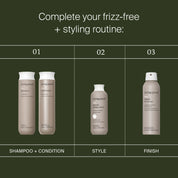 A dark green chart with three sections shows a frizz-free routine for medium hair using Living Proof: shampoo and conditioner, No Frizz Smooth Styling Cream for frizz control, and finishing spray. Steps are labeled shampoo + condition, style, and finish.