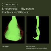Side-by-side under a microscope: untreated medium hair looks frizzy, while hair treated with No Frizz Smooth Styling Cream appears smoother and shows improved frizz control.