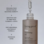 A dropper dispenses hair oil above a bottle of No Frizz Vanishing Oil. Text highlights frizz protection, smoothing, fast-absorbing formula for smooth, shiny hair, and enhanced shine.