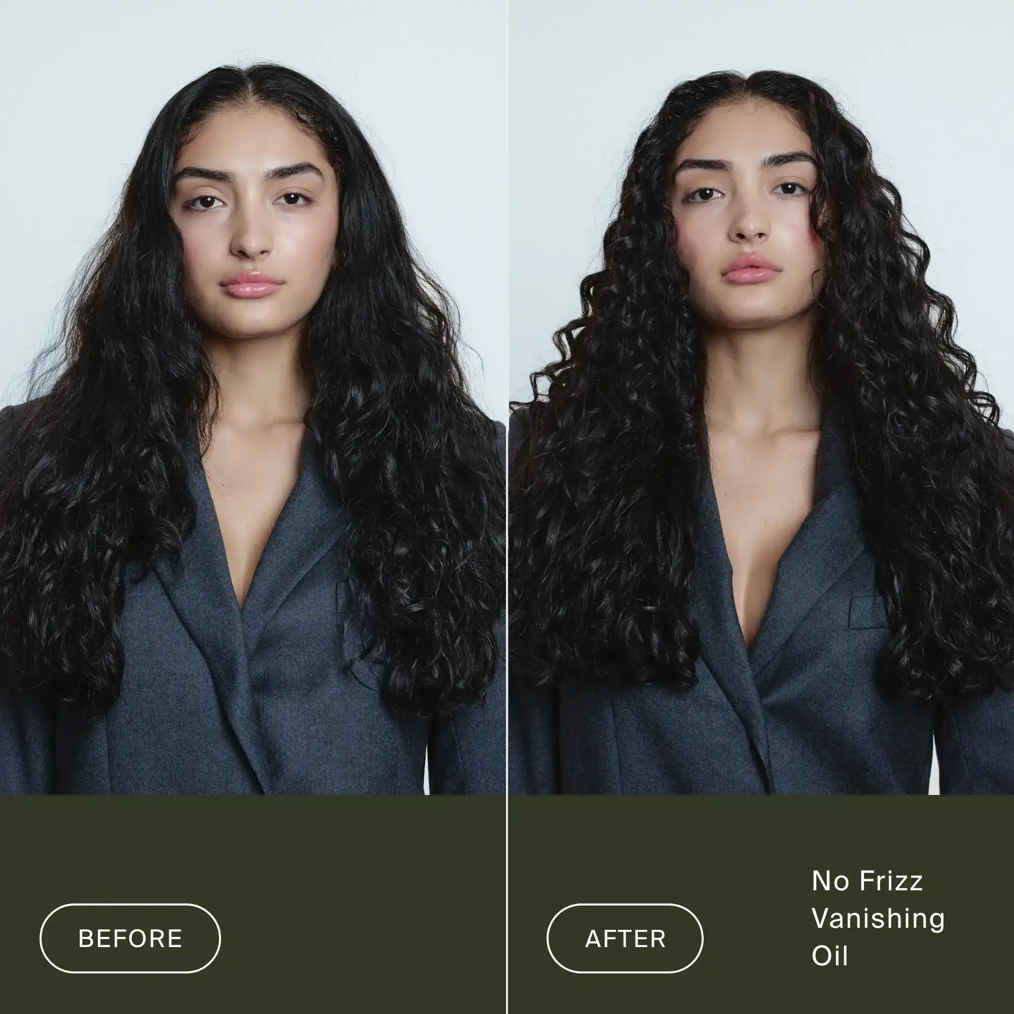 Side-by-side images of a woman with long, dark, wavy hair in a gray blazer. Left: frizzy hair ("Before"). Right: smooth, shiny hair after using No Frizz Vanishing Oil ("After").