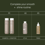 Three steps for smooth, shiny hair on a dark green background: Step 1—Living Proof shampoo and conditioner; Step 2—styling cream; Step 3—No Frizz Vanishing Oil to hydrate hair. Text and product images are shown.