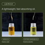 Two side-by-side jars compare oil absorption: one labeled "Heavily Coats" with hair oil, the other with No Frizz Vanishing Oil labeled "Instantly Absorbs." Above, text reads, “No Frizz Vanishing Oil: A lightweight, fast-absorbing oil for smooth, shiny hair.”.