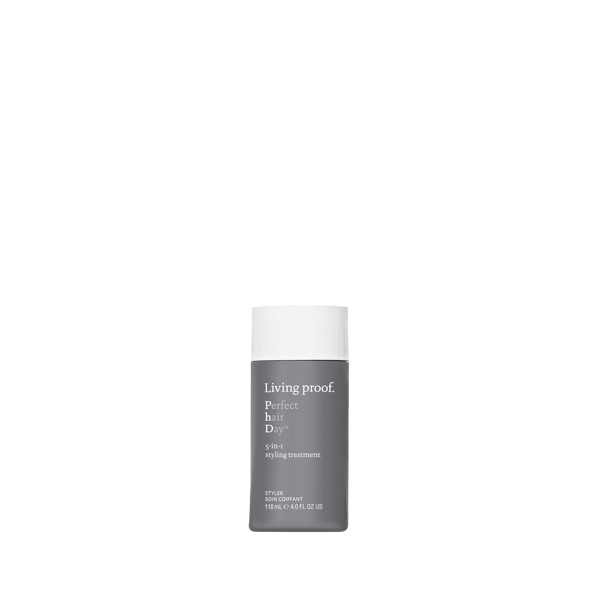 A bottle of Perfect hair Day™ 5-in-1 Styling Treatment with a gray body and white cap, designed to smooth and volumize, stands upright against a plain white background.