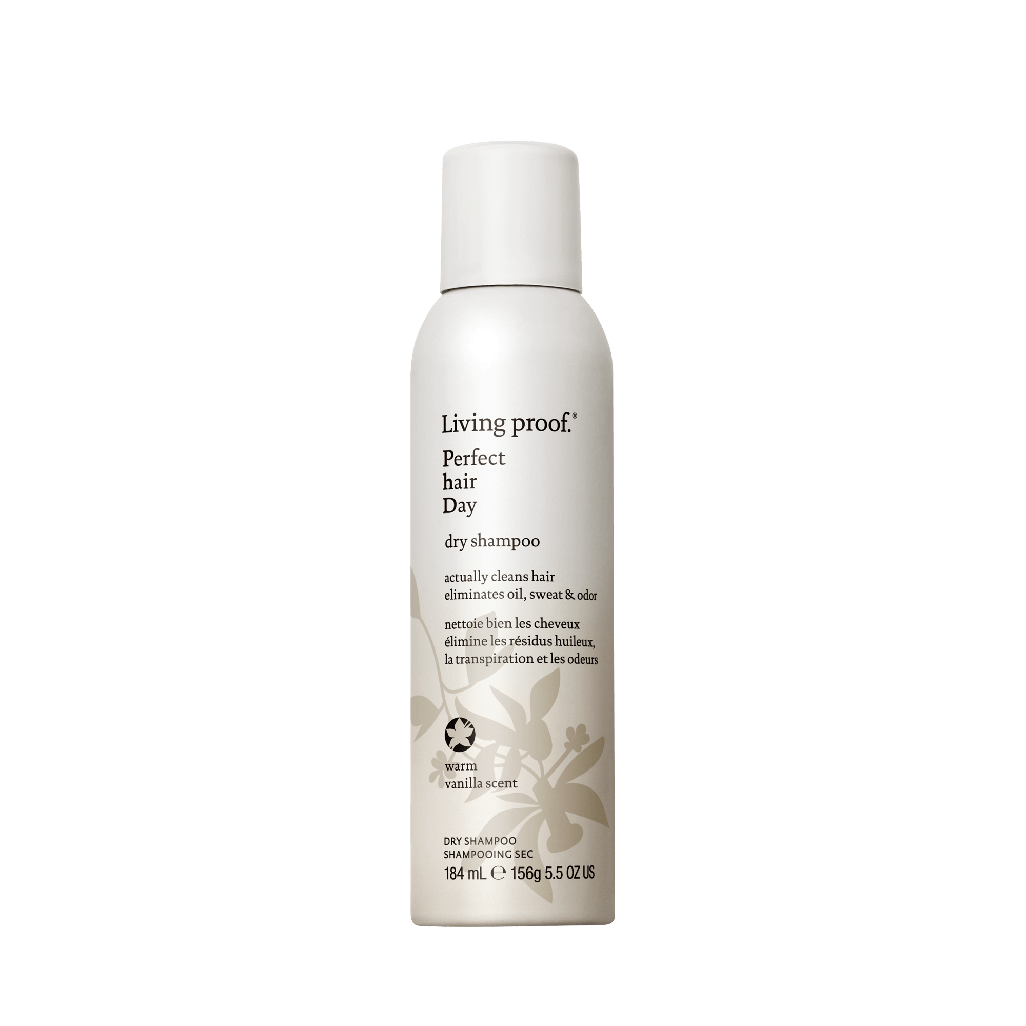 A white bottle of Perfect hair Day™ Dry Shampoo - Limited Edition Vanilla stands upright on a plain background. The vanilla-scented formula keeps your hair feeling fresh and clean. The bottle features text and a small floral graphic on the label.